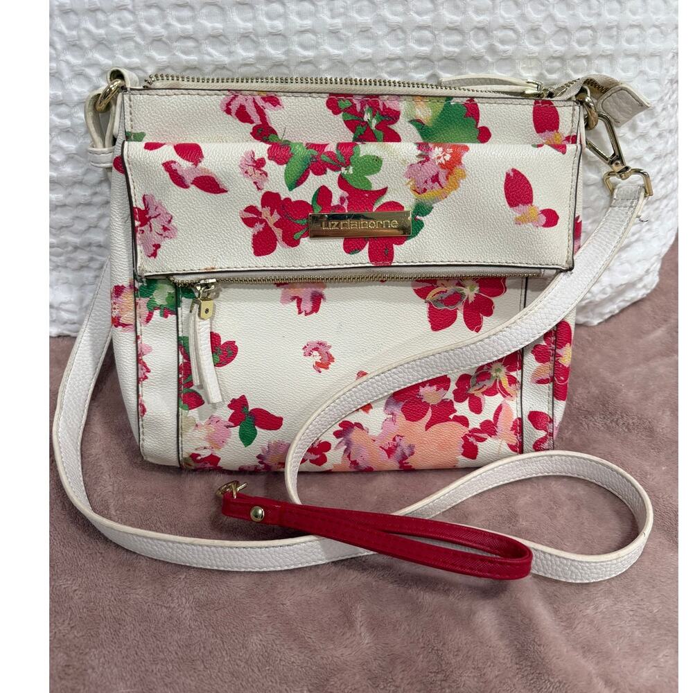 Liz Claiborne Floral Crossbody Purse White Pink Wristlet Convertible Zip Pockets